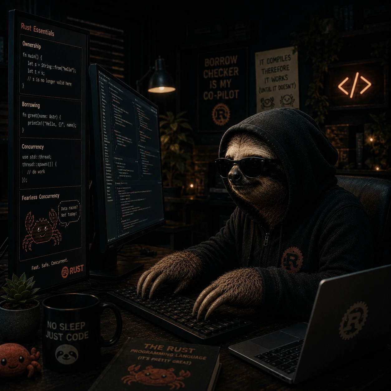 A sloth hacking away at lean Rust code